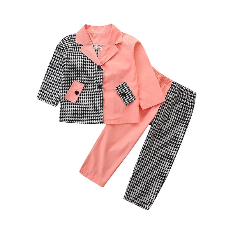2 Pieces Set Baby Kid Girls Color-blocking Houndstooth Jackets Outwears And Pants Wholesale 220711284