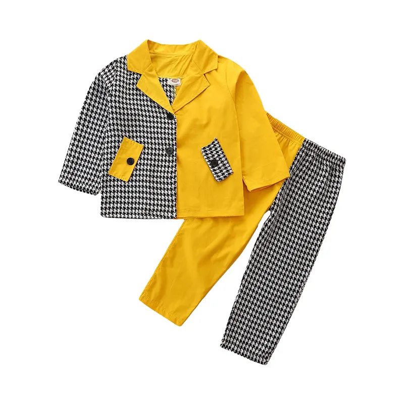 2 Pieces Set Baby Kid Girls Color-blocking Houndstooth Jackets Outwears And Pants Wholesale 220711284