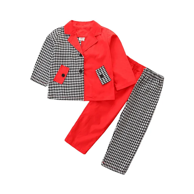 2 Pieces Set Baby Kid Girls Color-blocking Houndstooth Jackets Outwears And Pants Wholesale 220711284