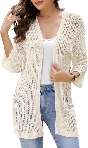 2025 Summer Women's Lightweight 3/4 Sleeve Crochet Cardigan Sweater Open Front Boho Beach Vacation Swimwear Outwear