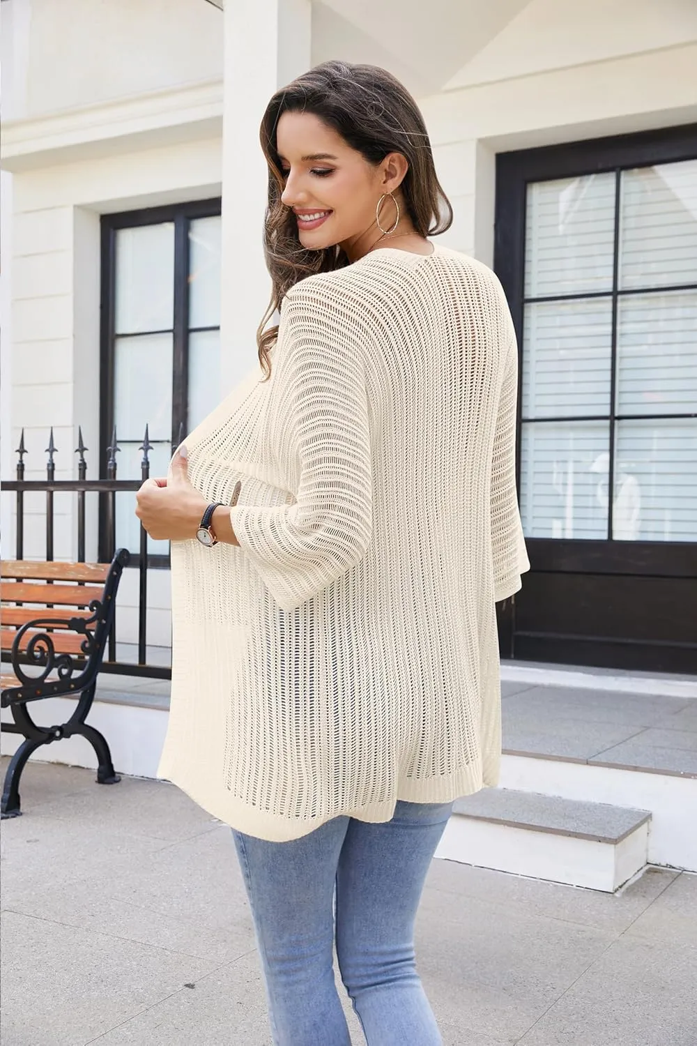 2025 Summer Women's Lightweight 3/4 Sleeve Crochet Cardigan Sweater Open Front Boho Beach Vacation Swimwear Outwear