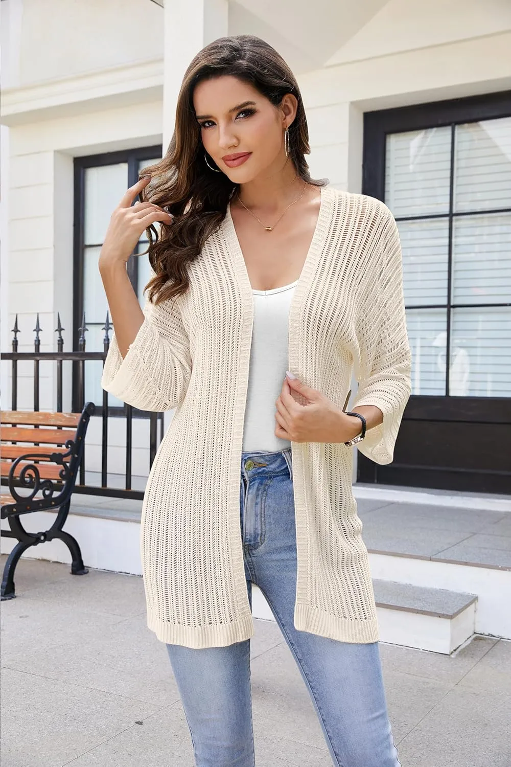 2025 Summer Women's Lightweight 3/4 Sleeve Crochet Cardigan Sweater Open Front Boho Beach Vacation Swimwear Outwear