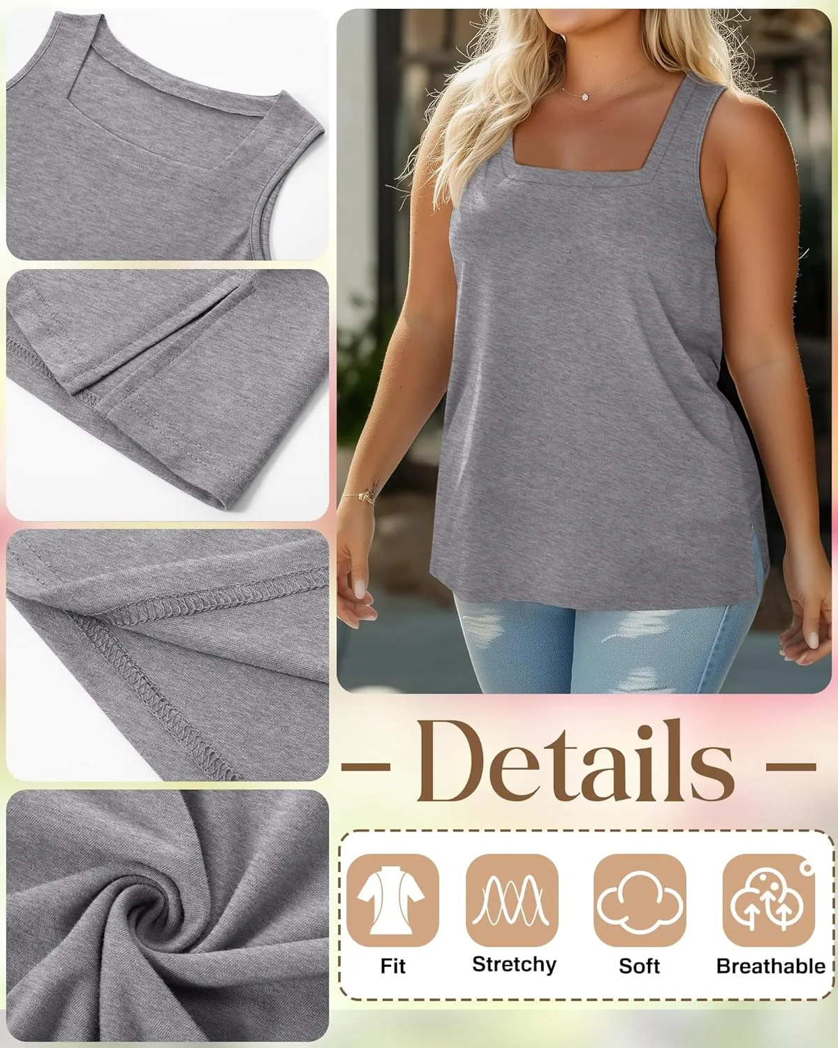 3 Pack Summer Plus Size Tank Tops for Women Sleeveless Tunic Shirts Square Neck Tops Side Slits 1X-5X