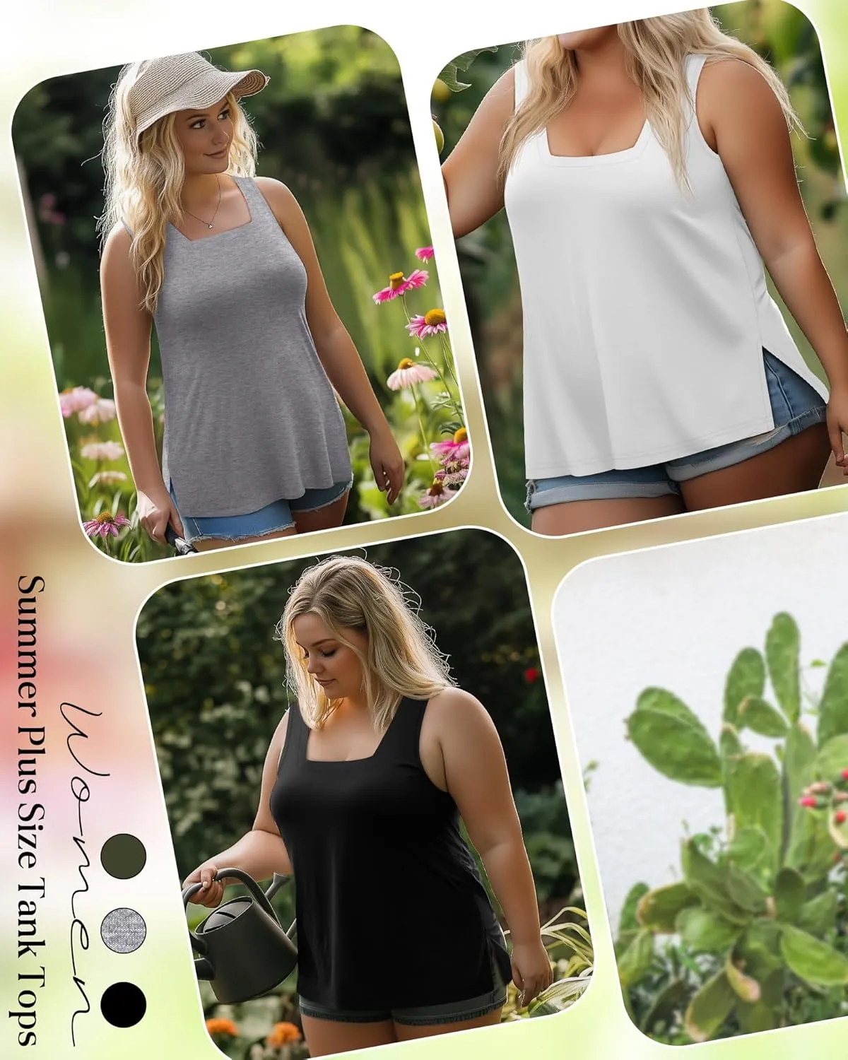 3 Pack Summer Plus Size Tank Tops for Women Sleeveless Tunic Shirts Square Neck Tops Side Slits 1X-5X
