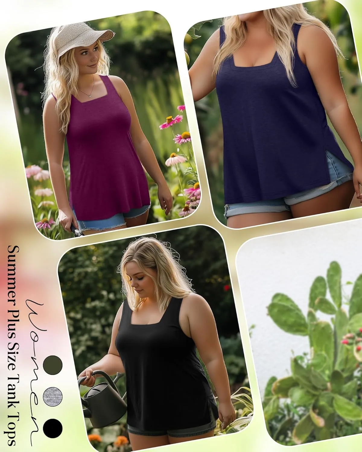 3 Pack Summer Plus Size Tank Tops for Women Sleeveless Tunic Shirts Square Neck Tops Side Slits 1X-5X