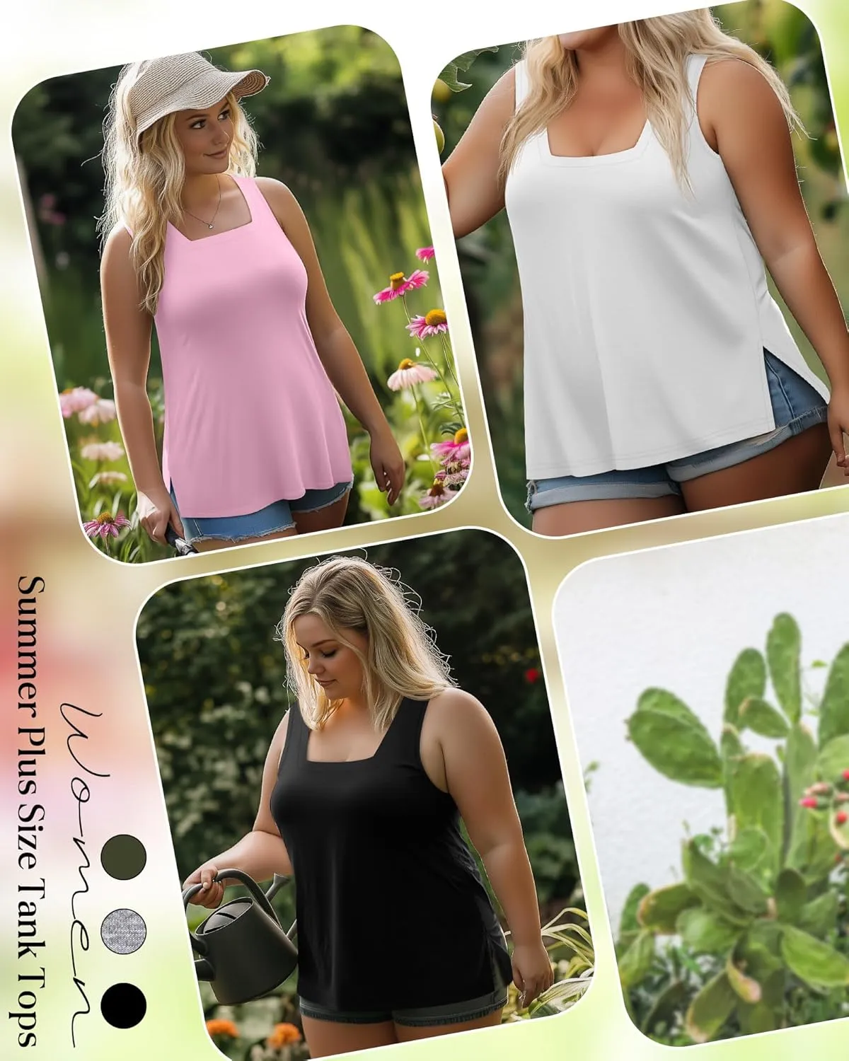 3 Pack Summer Plus Size Tank Tops for Women Sleeveless Tunic Shirts Square Neck Tops Side Slits 1X-5X