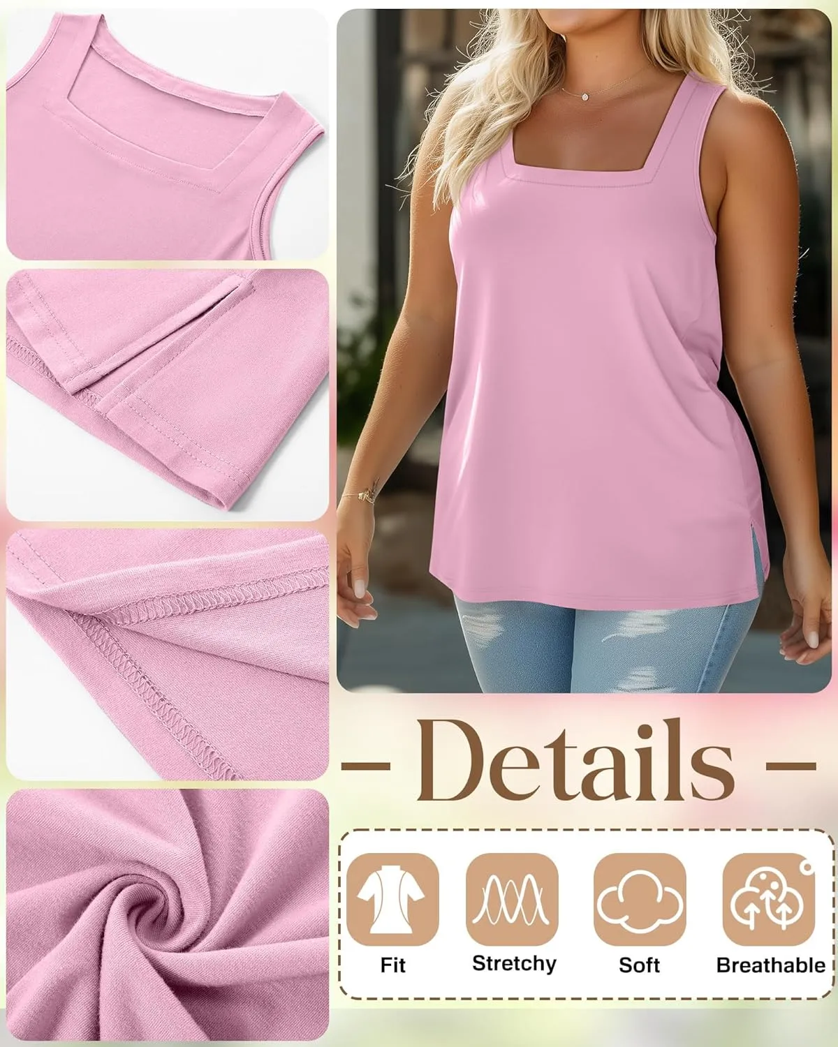 3 Pack Summer Plus Size Tank Tops for Women Sleeveless Tunic Shirts Square Neck Tops Side Slits 1X-5X