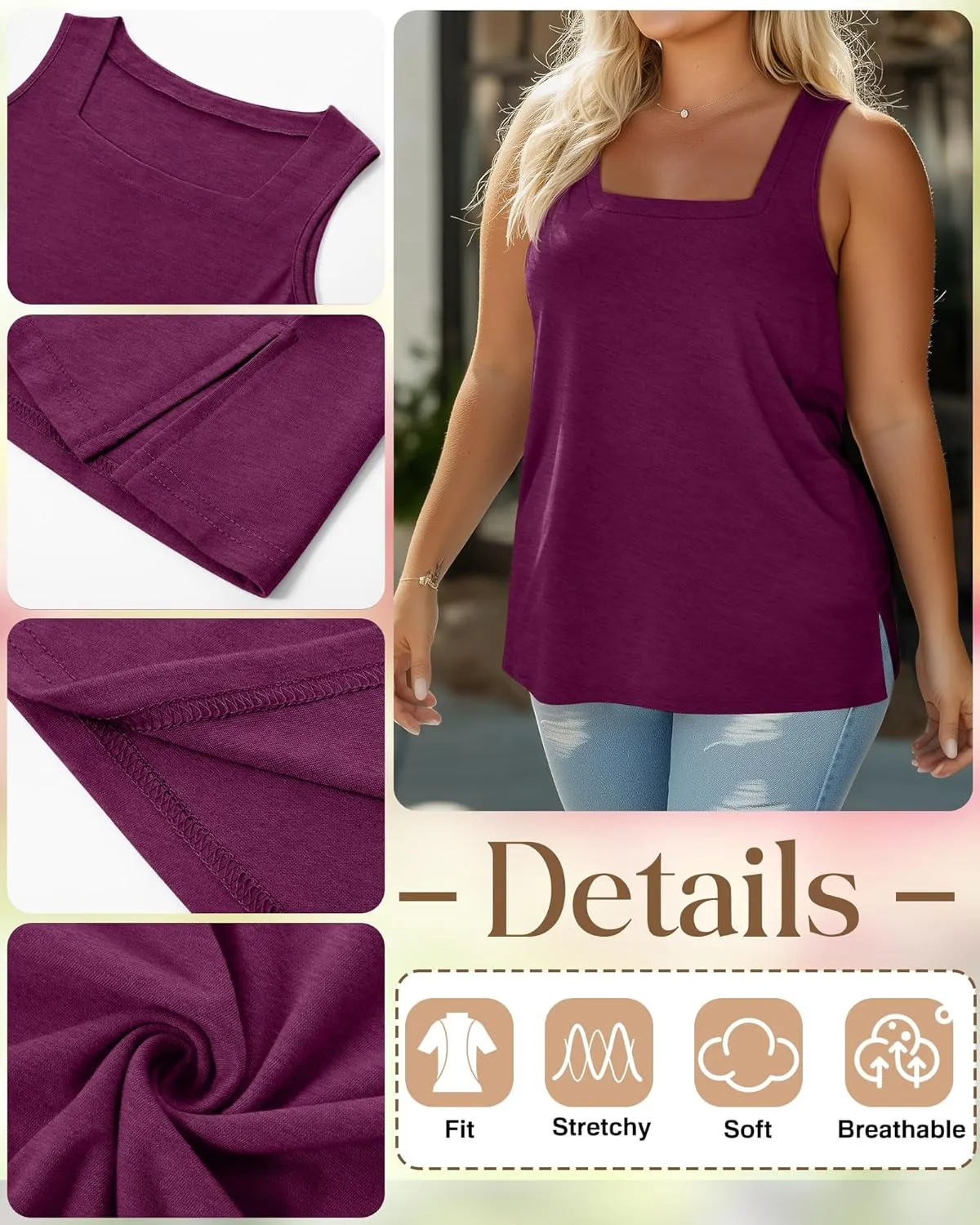 3 Pack Summer Plus Size Tank Tops for Women Sleeveless Tunic Shirts Square Neck Tops Side Slits 1X-5X