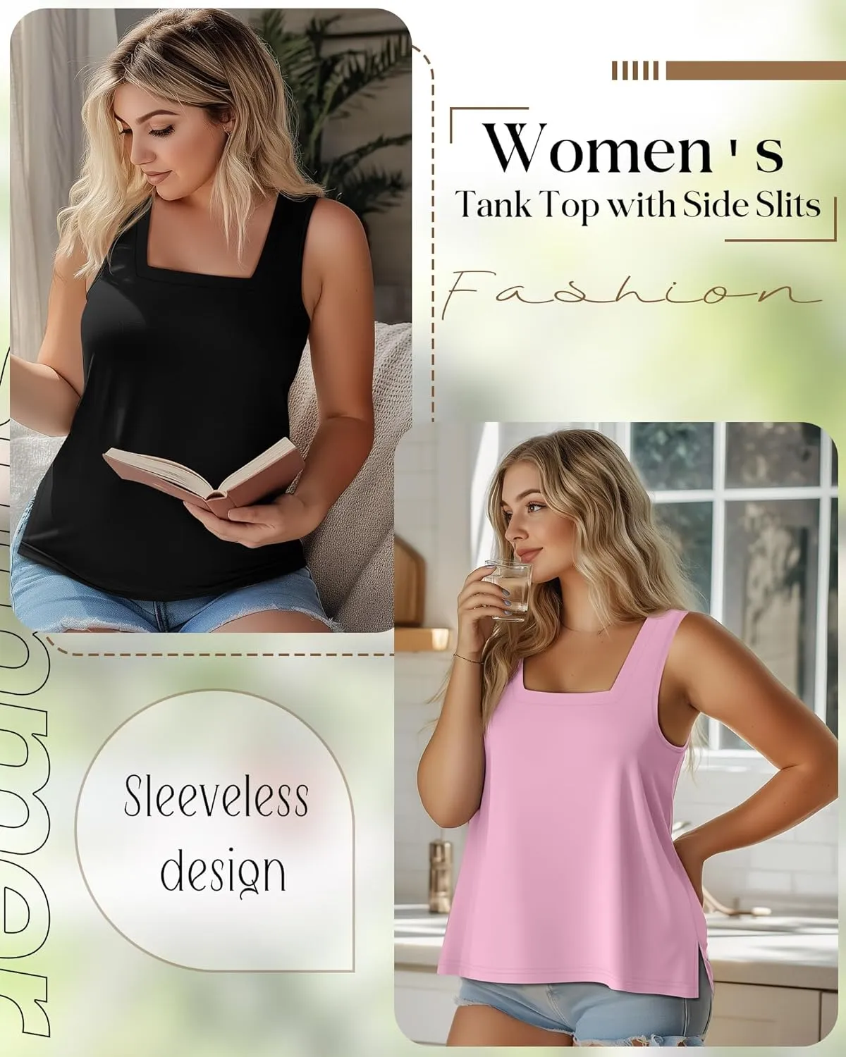 3 Pack Summer Plus Size Tank Tops for Women Sleeveless Tunic Shirts Square Neck Tops Side Slits 1X-5X