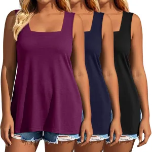 3 Pack Summer Plus Size Tank Tops for Women Sleeveless Tunic Shirts Square Neck Tops Side Slits 1X-5X