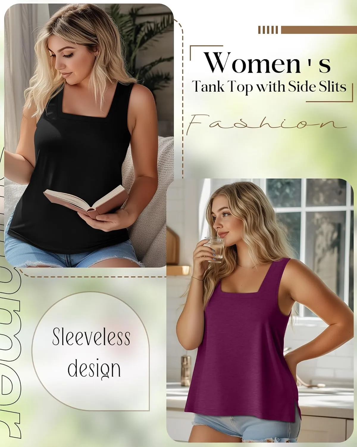 3 Pack Summer Plus Size Tank Tops for Women Sleeveless Tunic Shirts Square Neck Tops Side Slits 1X-5X
