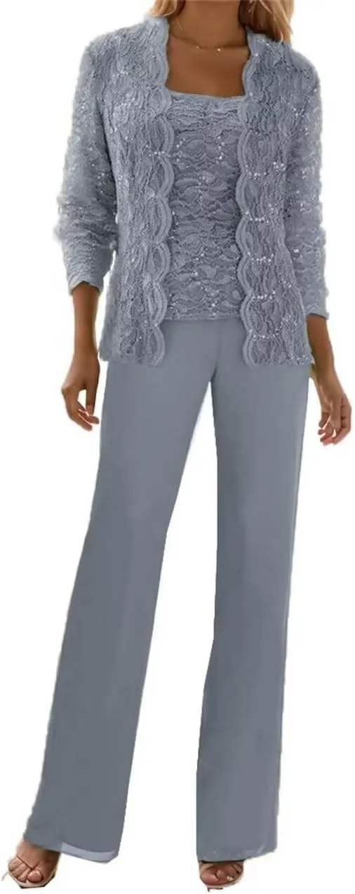 3 Pieces Mother of The Bride Pant Suits for Wedding with Jackets Long Sleeve Chiffon Formal Outfit Womens Jumpsuit