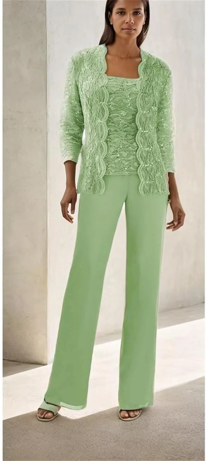 3 Pieces Mother of The Bride Pant Suits for Wedding with Jackets Long Sleeve Chiffon Formal Outfit Womens Jumpsuit