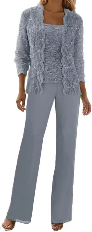 3 Pieces Mother of The Bride Pant Suits for Wedding with Jackets Long Sleeve Chiffon Formal Outfit Womens Jumpsuit