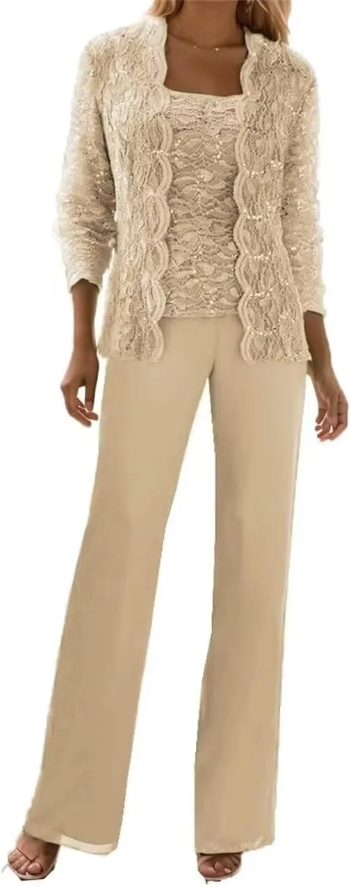 3 Pieces Mother of The Bride Pant Suits for Wedding with Jackets Long Sleeve Chiffon Formal Outfit Womens Jumpsuit