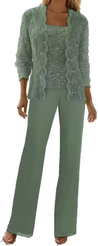 3 Pieces Mother of The Bride Pant Suits for Wedding with Jackets Long Sleeve Chiffon Formal Outfit Womens Jumpsuit