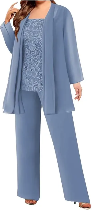 3 Pieces Mother of The Bride Pant Suits with Jackets Chiffon Lace Mother of The Groom Pantsuits for Wedding