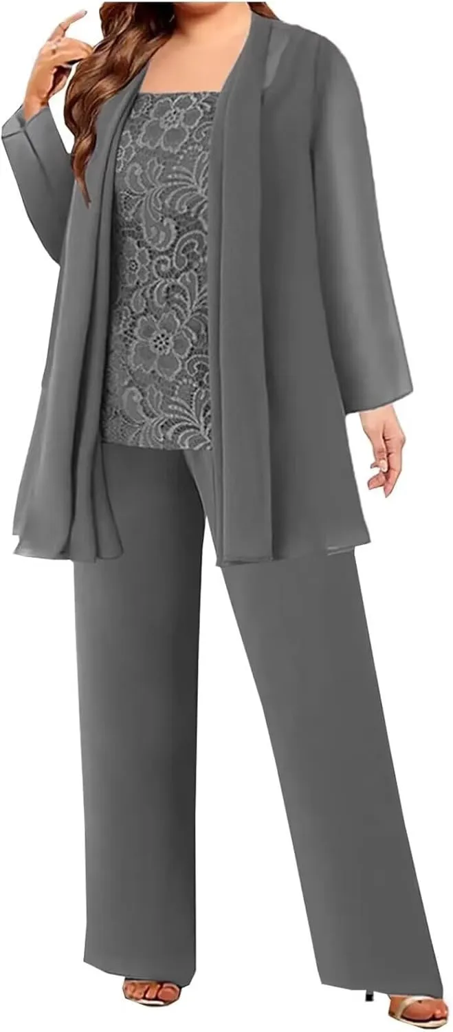 3 Pieces Mother of The Bride Pant Suits with Jackets Chiffon Lace Mother of The Groom Pantsuits for Wedding