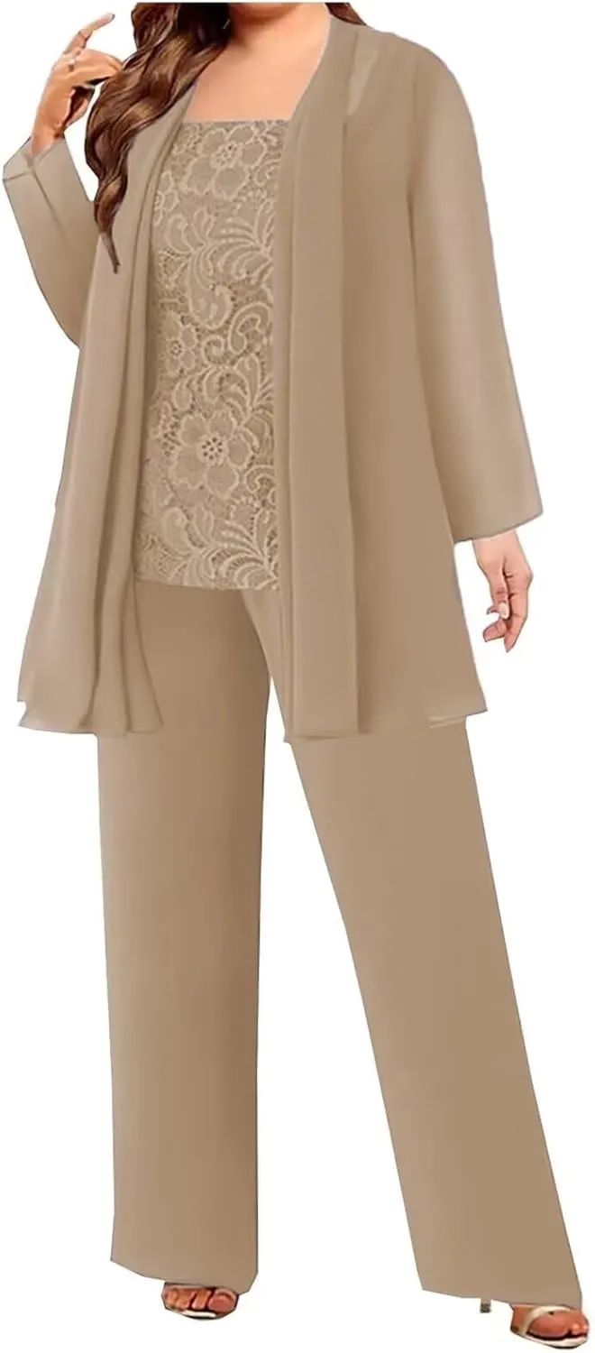 3 Pieces Mother of The Bride Pant Suits with Jackets Chiffon Lace Mother of The Groom Pantsuits for Wedding