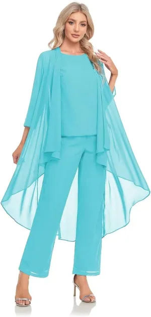 3 Pieces Mother of The Bride Pantsuit with Jackets Chiffon Formal Evening Dresses