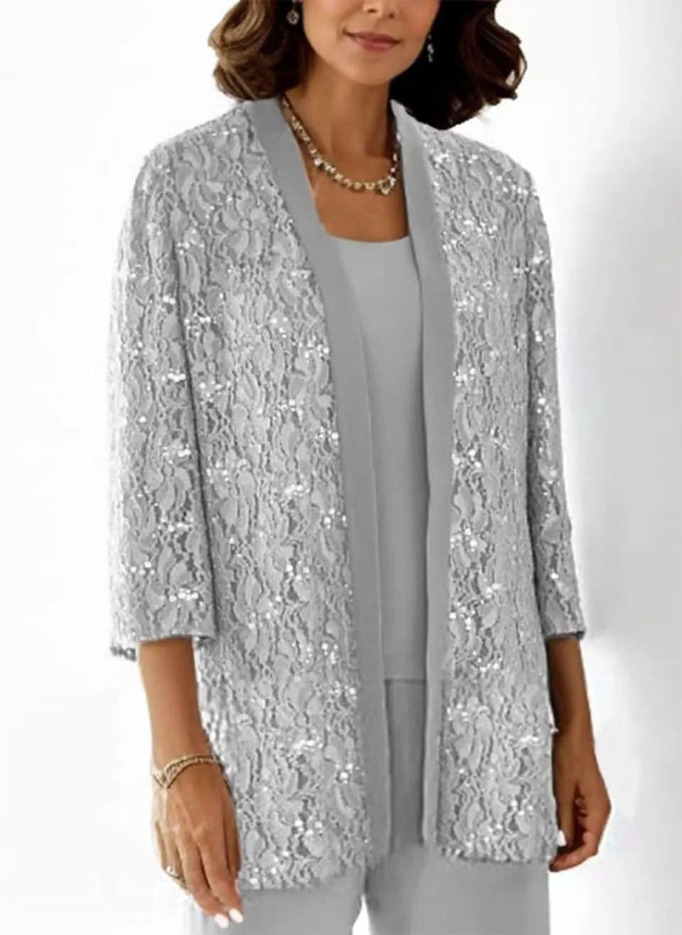 3 Pieces Mother of The Bride Pantsuits with Jackets Sparkly Sequin 3/4 Sleeve Lace Formal Pant Suits for Women
