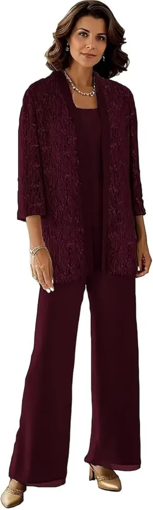 3 Pieces Mother of The Bride Pantsuits with Jackets Sparkly Sequin 3/4 Sleeve Lace Formal Pant Suits for Women