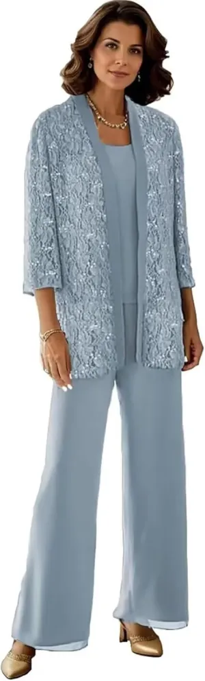 3 Pieces Mother of The Bride Pantsuits with Jackets Sparkly Sequin 3/4 Sleeve Lace Formal Pant Suits for Women