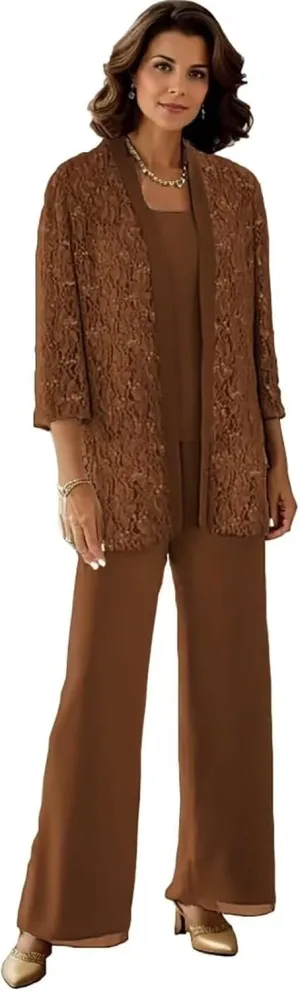 3 Pieces Mother of The Bride Pantsuits with Jackets Sparkly Sequin 3/4 Sleeve Lace Formal Pant Suits for Women