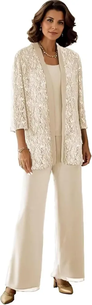 3 Pieces Mother of The Bride Pantsuits with Jackets Sparkly Sequin 3/4 Sleeve Lace Formal Pant Suits for Women