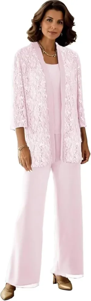 3 Pieces Mother of The Bride Pantsuits with Jackets Sparkly Sequin 3/4 Sleeve Lace Formal Pant Suits for Women