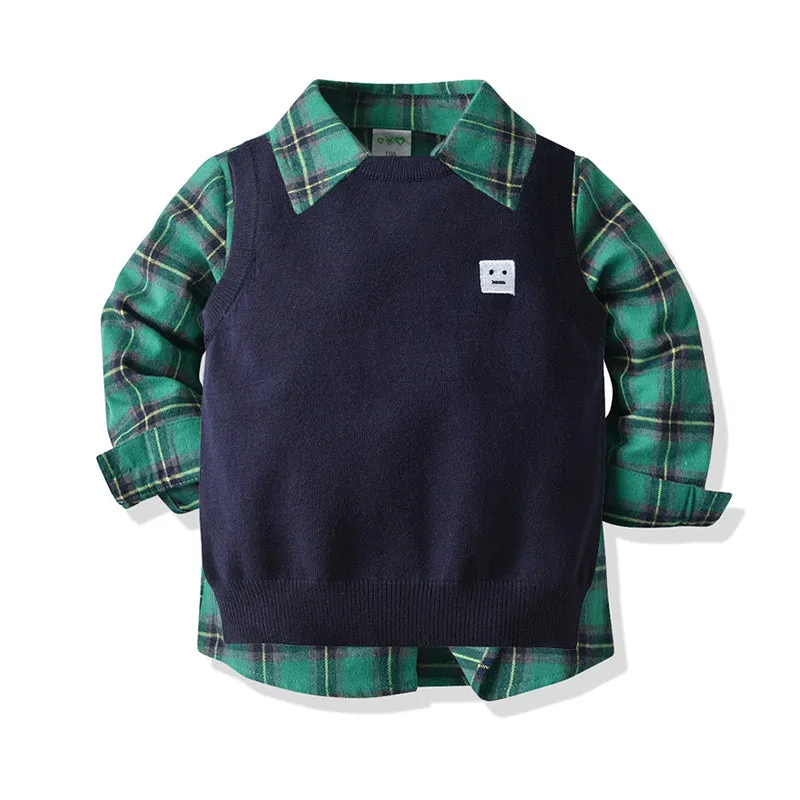 3 Pieces Set Baby Kid Boys Birthday Party Checked Shirts Expression Vests Waistcoats And Solid Color Jeans Wholesale 211109308