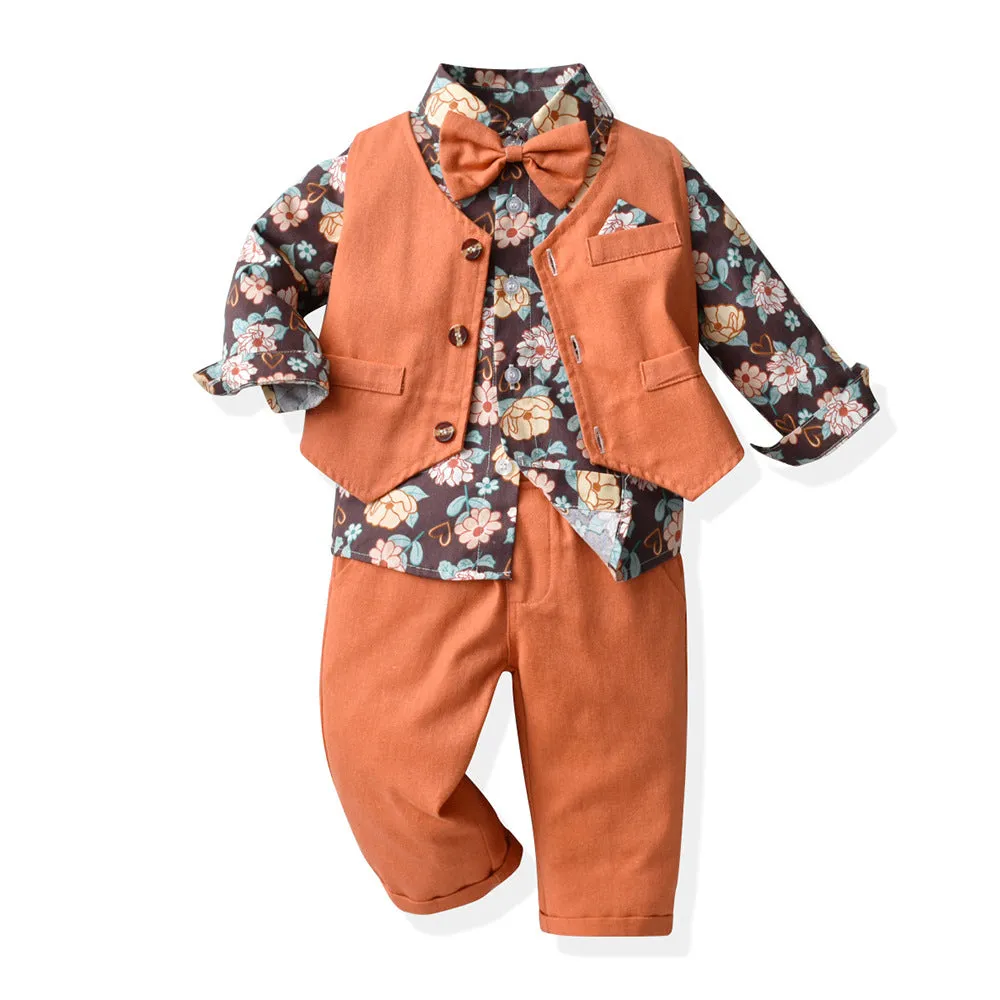 3 Pieces Set Baby Kid Boys Birthday Party Flower Bow Print Shirts And Solid Color Vests Waistcoats And Pants Wholesale 230308611