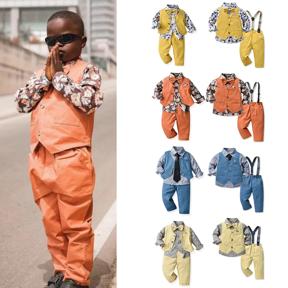3 Pieces Set Baby Kid Boys Birthday Party Flower Bow Print Shirts And Solid Color Vests Waistcoats And Pants Wholesale 230308611
