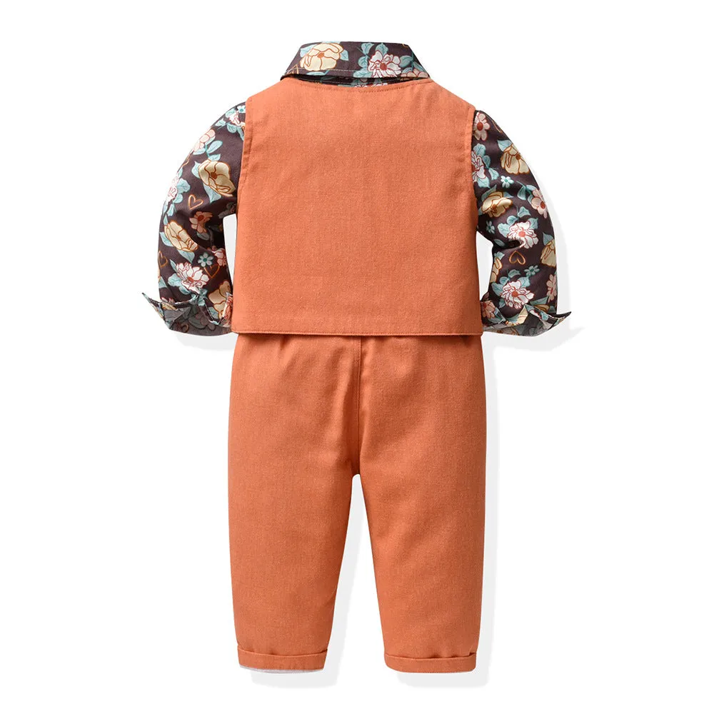 3 Pieces Set Baby Kid Boys Birthday Party Flower Bow Print Shirts And Solid Color Vests Waistcoats And Pants Wholesale 230308611