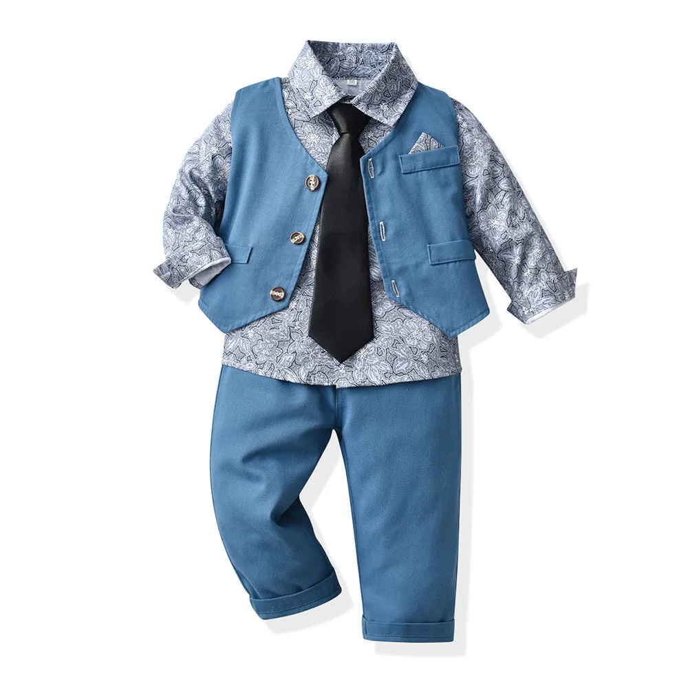 3 Pieces Set Baby Kid Boys Birthday Party Flower Bow Print Shirts And Solid Color Vests Waistcoats And Pants Wholesale 230308611