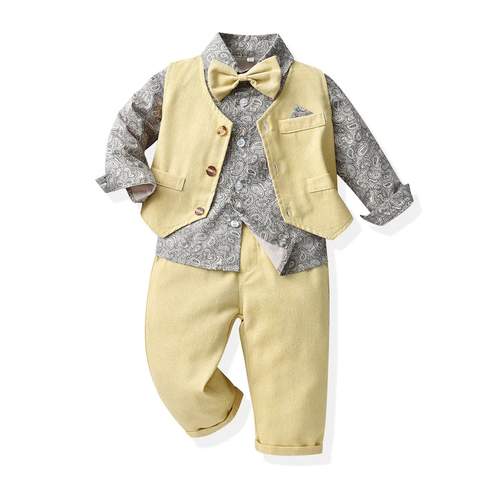 3 Pieces Set Baby Kid Boys Birthday Party Flower Bow Print Shirts And Solid Color Vests Waistcoats And Pants Wholesale 230308611