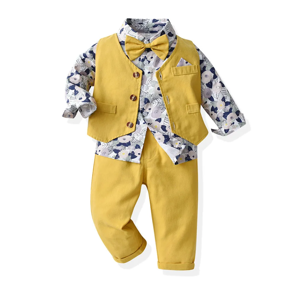 3 Pieces Set Baby Kid Boys Birthday Party Flower Bow Print Shirts And Solid Color Vests Waistcoats And Pants Wholesale 230308611