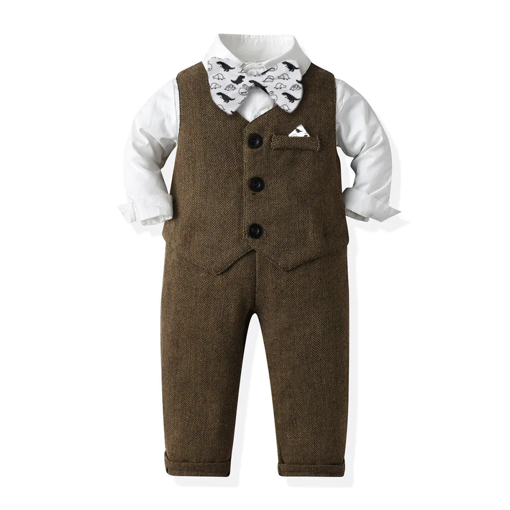 3 Pieces Set Baby Kid Boys Birthday Party Solid Color Dinosaur Bow Shirts Vests Waistcoats And Pants Wholesale 230210129