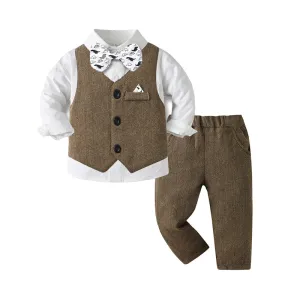 3 Pieces Set Baby Kid Boys Birthday Party Solid Color Dinosaur Bow Shirts Vests Waistcoats And Pants Wholesale 230210129