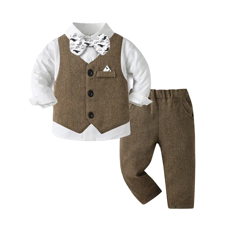 3 Pieces Set Baby Kid Boys Birthday Party Solid Color Dinosaur Bow Shirts Vests Waistcoats And Pants Wholesale 230210129