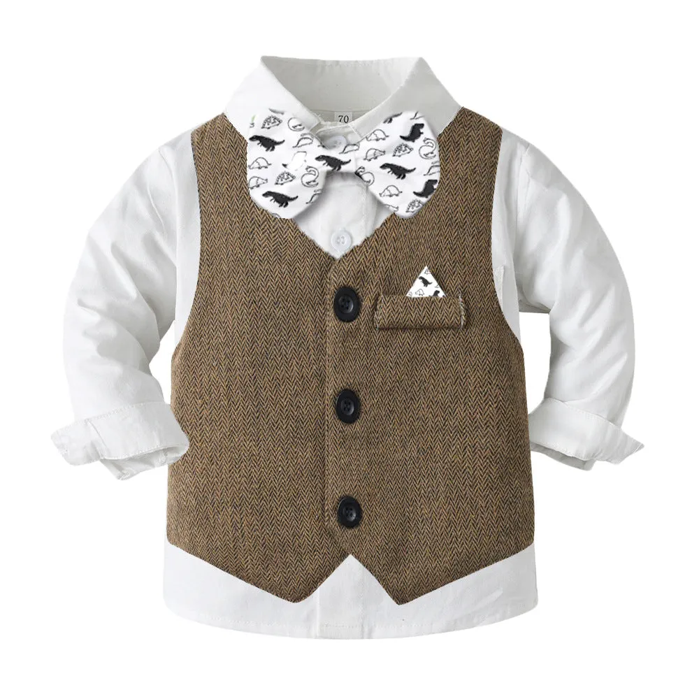 3 Pieces Set Baby Kid Boys Birthday Party Solid Color Dinosaur Bow Shirts Vests Waistcoats And Pants Wholesale 230210129