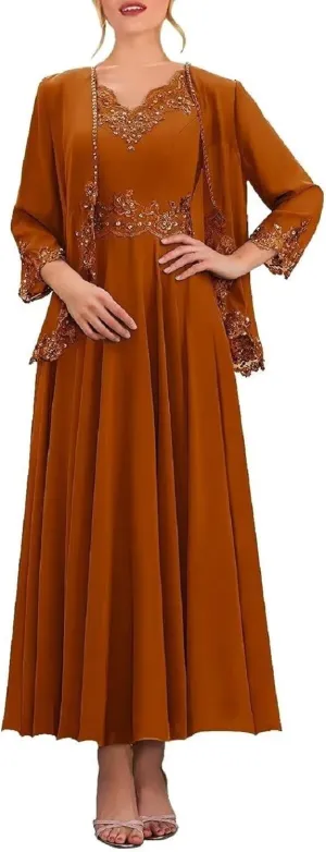 3/4 Sleeve Mother of The Bride Dresses with Jackets Beaded Sequin Lace Chiffon Formal Wedding Guest Dress