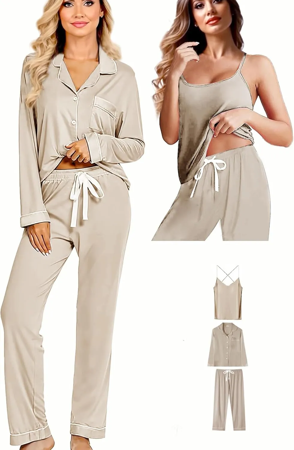 3Pcs Knit Pajamas Set For Women XS-4XL Womens Soft Pajama Sets Sexy Cami Pj Sets Sleepwear Loungewear Nightwear