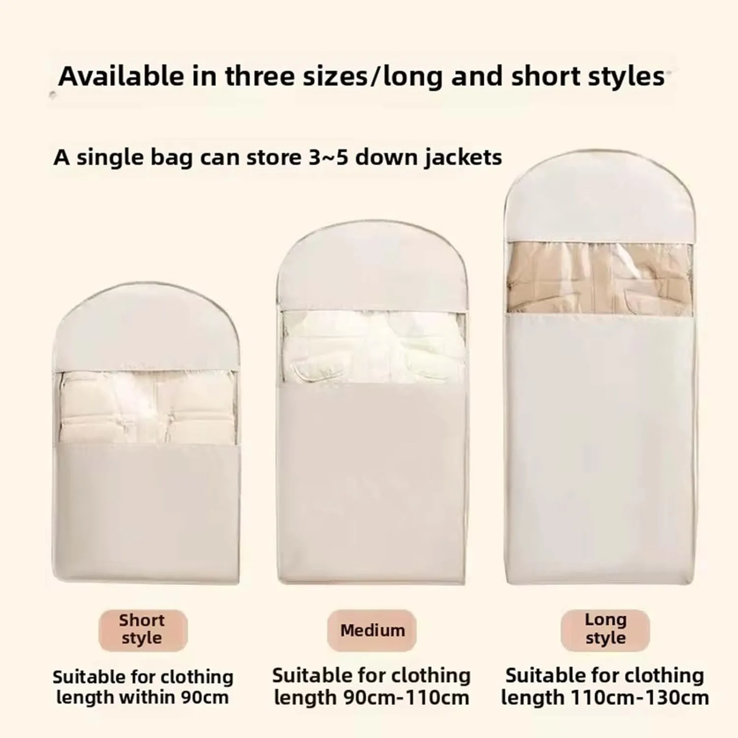3PCS Space Saving Hanging Garment Bag w/Self Compression Zipper, Dust Cover Clothes Bags, Closet Organizers Garment Bag Winter Coat Storage (Off)