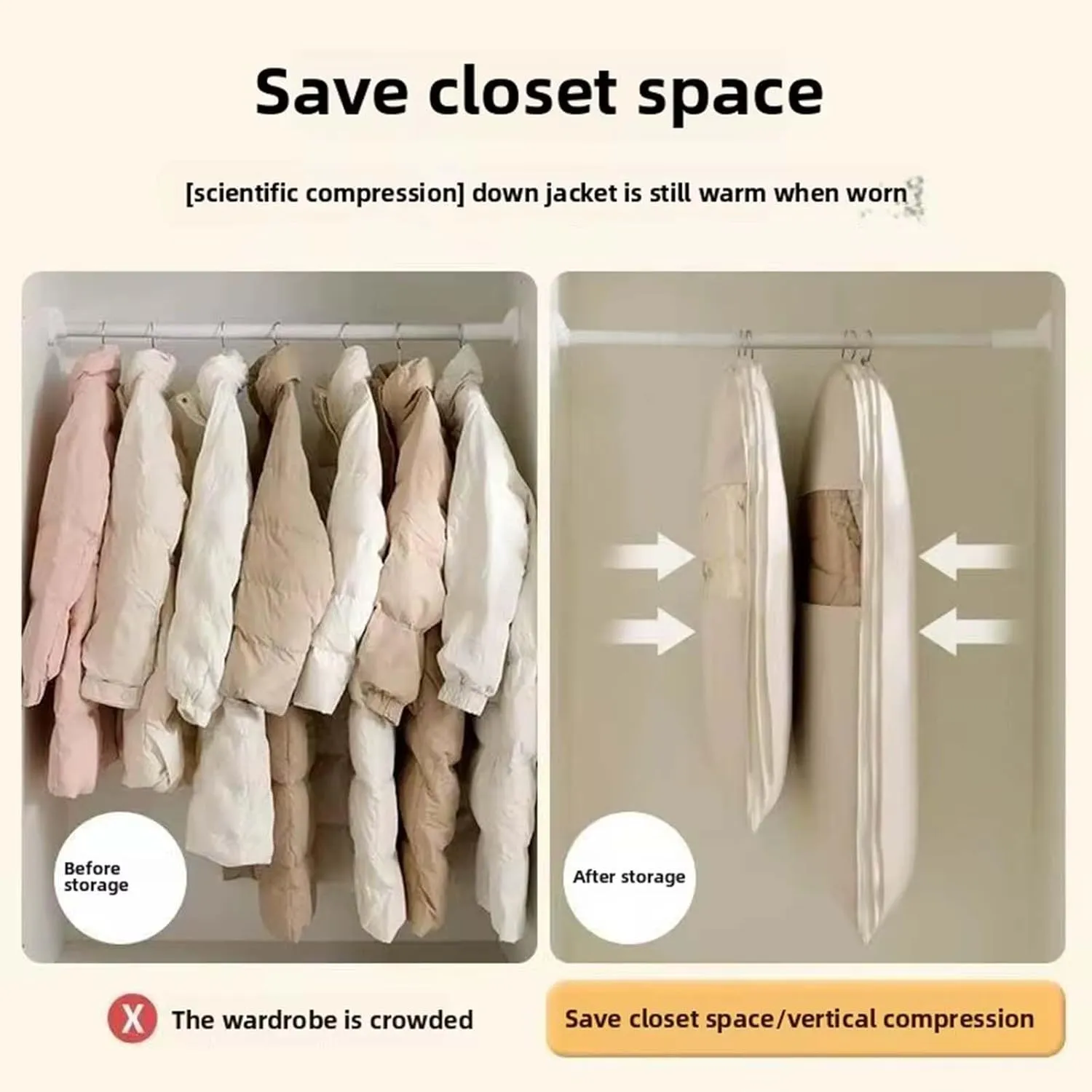 3PCS Space Saving Hanging Garment Bag w/Self Compression Zipper, Dust Cover Clothes Bags, Closet Organizers Garment Bag Winter Coat Storage (Off)