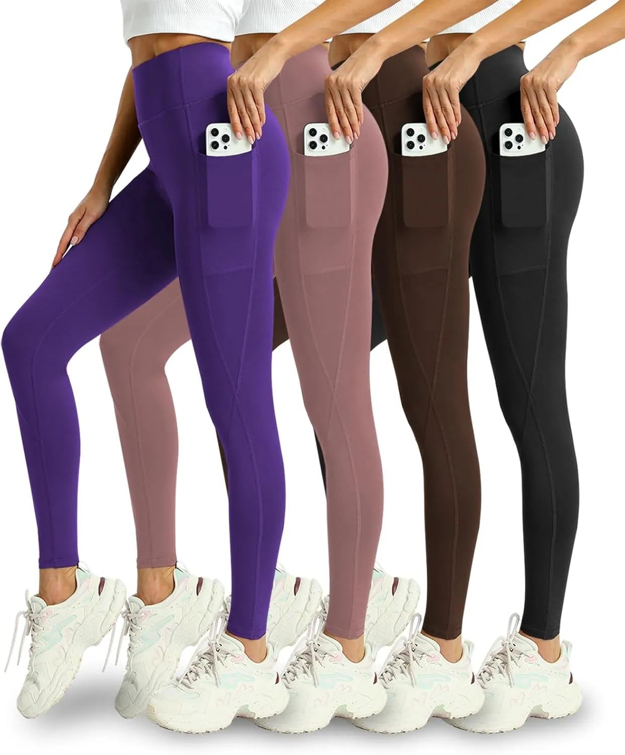 4 Pack Leggings with Pockets for Women - Soft High Waisted Tummy Control Workout Yoga Pants