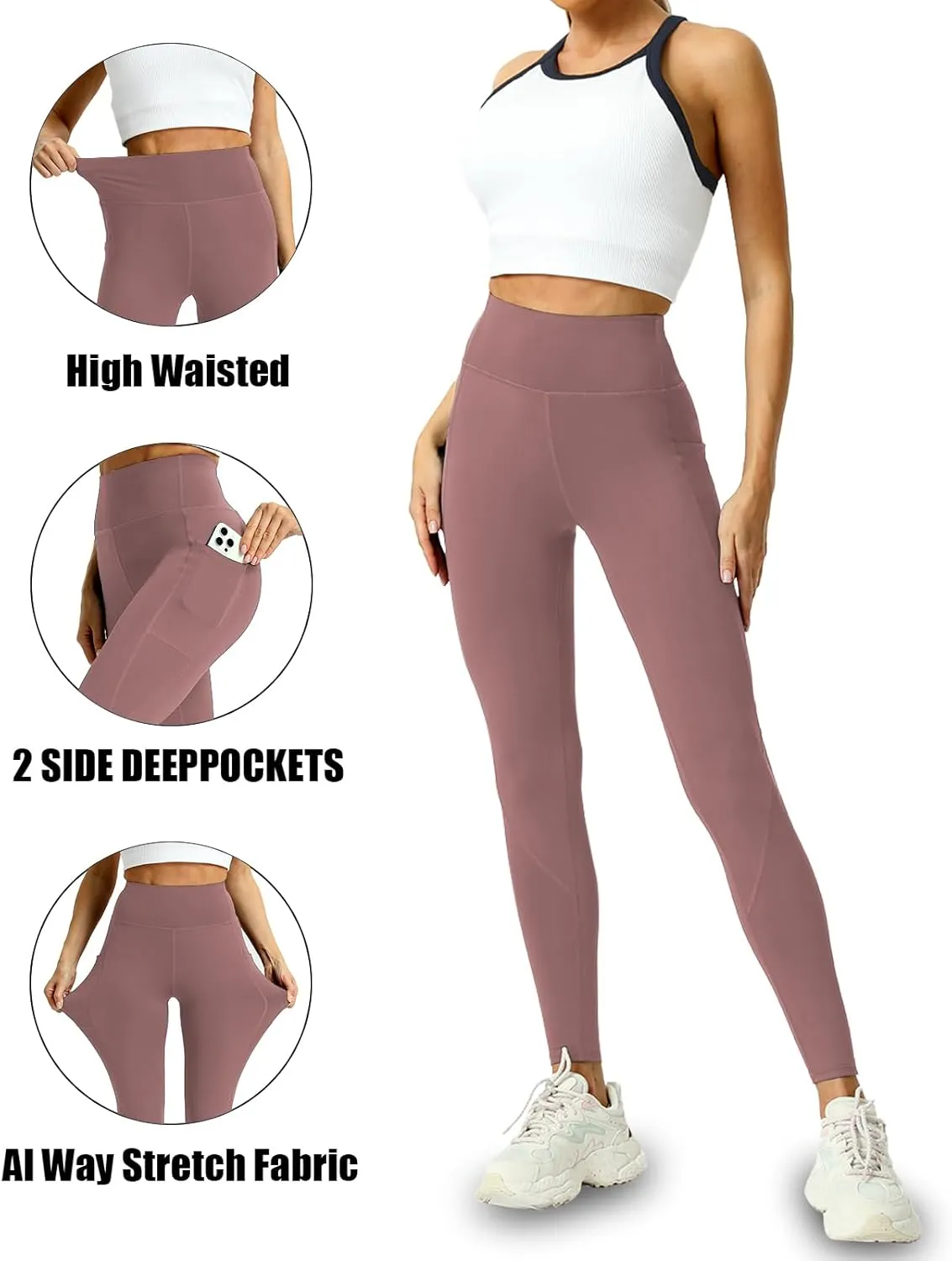 4 Pack Leggings with Pockets for Women - Soft High Waisted Tummy Control Workout Yoga Pants