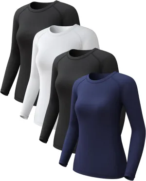 4 Pack Women's Compression Shirts Long Sleeve Athletic Workout Tops Sun Protection Cool Dry Undershirt for Yoga Gym