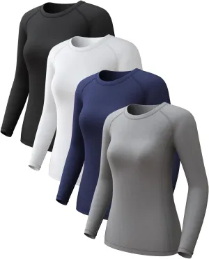 4 Pack Women's Compression Shirts Long Sleeve Athletic Workout Tops Sun Protection Cool Dry Undershirt for Yoga Gym