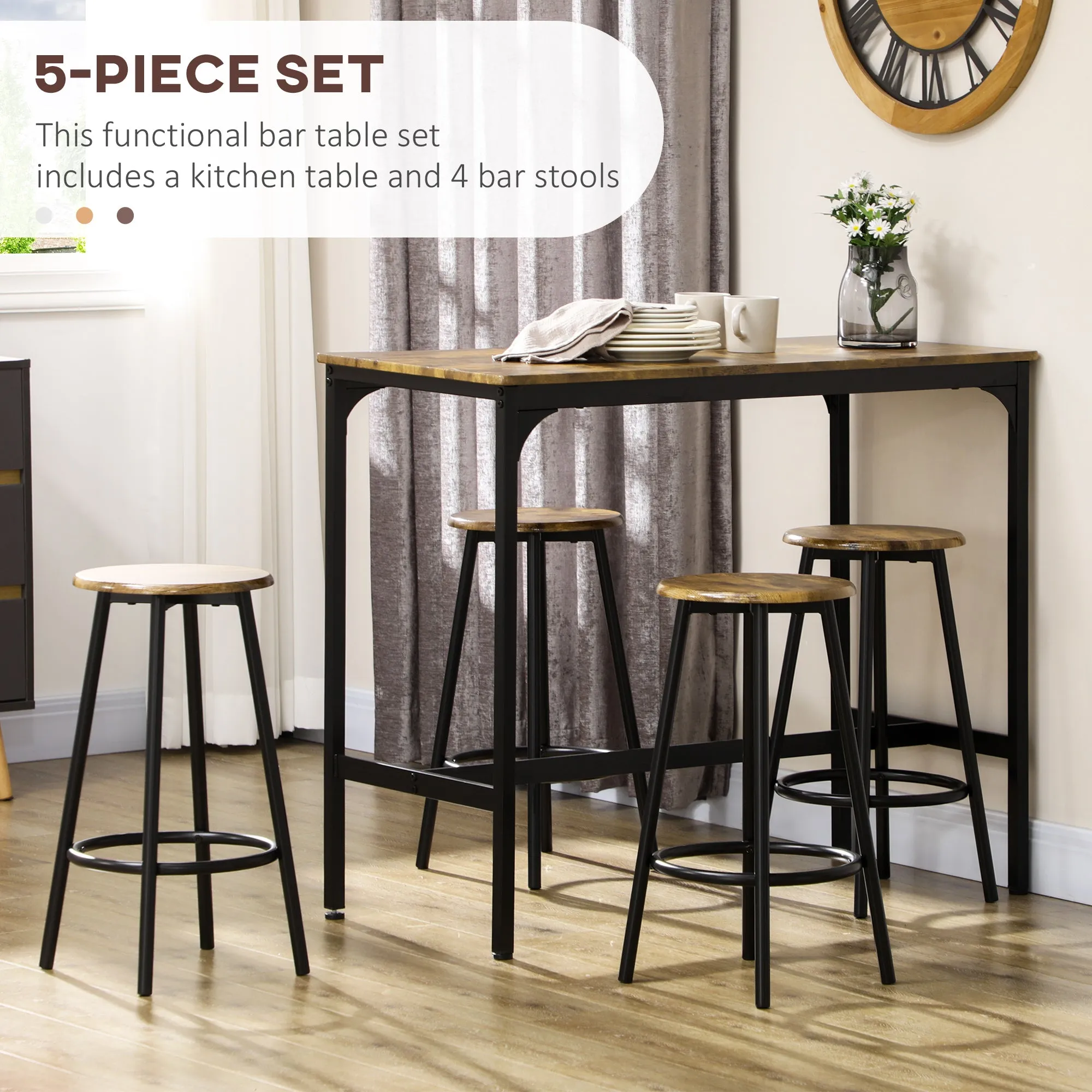 5 Piece Bar Table and Stools Set with Metal Frame Rustic Brown